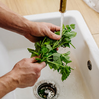 a person washing vegetable in the sink