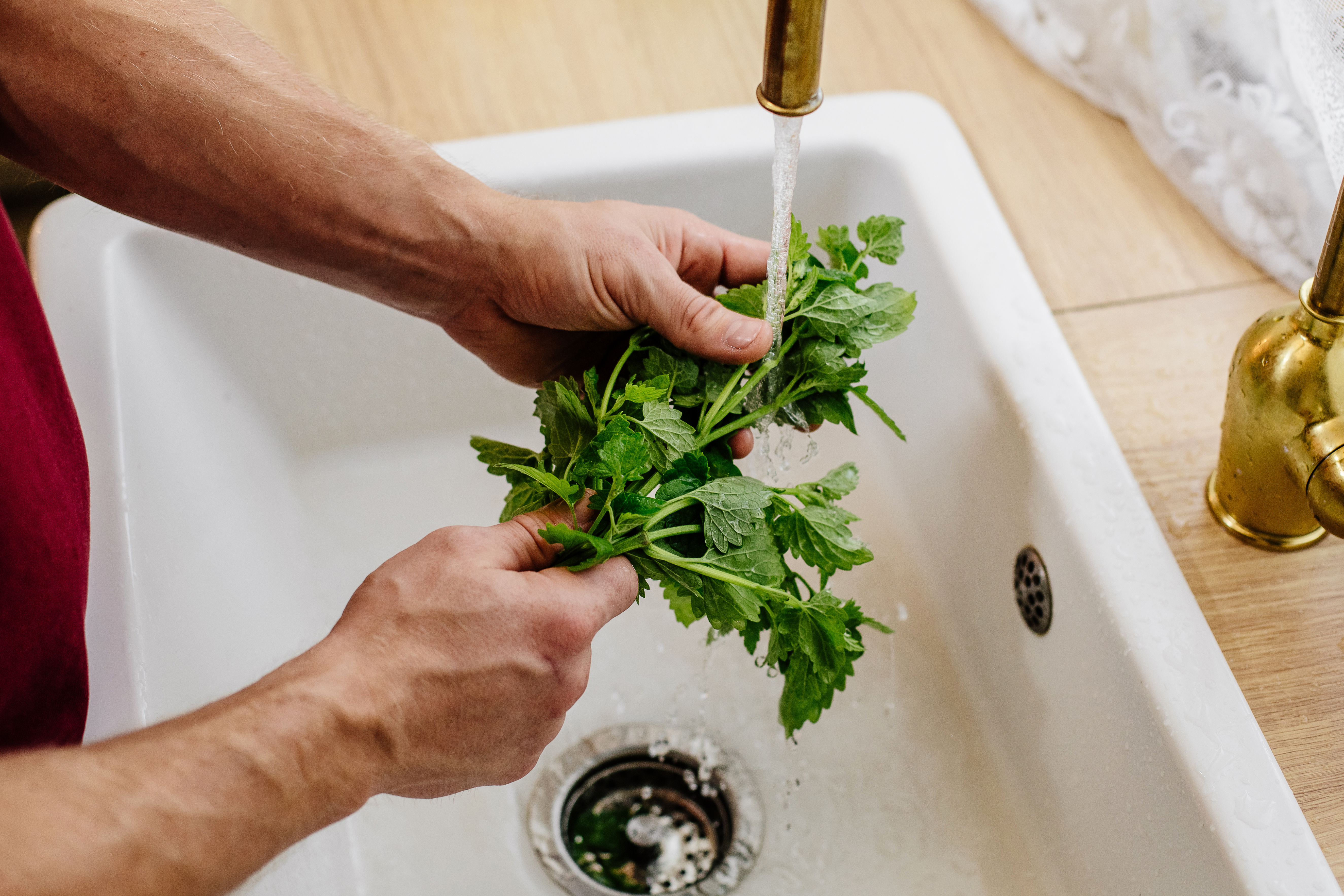 a person washing vegetable in the sink